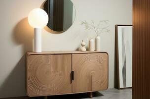 ai généré une petit cabinet avec une en bois miroir et une lampe séance dans le coin. photo