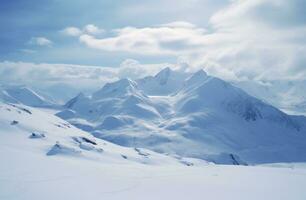 ai généré le des nuages sont brillant plus de le montagnes et neige couvert collines photo