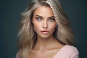 ai généré magnifique femme avec bleu yeux et magnifique peau avec brillant lumière photo