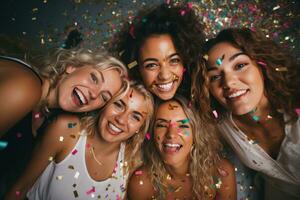 ai généré aux femmes copains fête à Accueil avec confettis. photo