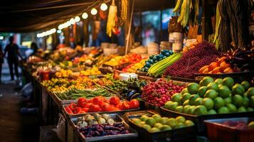 ai généré vibrant marché stalles orné avec exotique des fruits, textiles et artisanat. une le banquet de couleurs et textures. photo