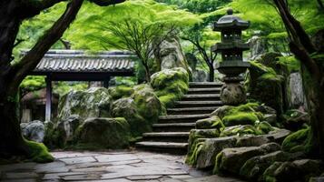 ai généré luxuriant vert feuillage en cascade plus de ancien patiné des pierres dans une tranquille jardin paramètre. photo