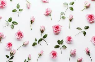 ai généré rose des roses et feuilles sur une blanc arrière-plan, photo