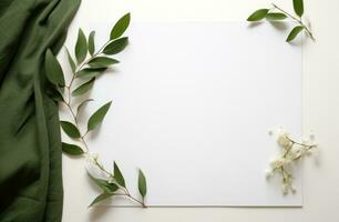 ai généré blanc Vide feuille avec vert feuilles et fleurs autour il photo