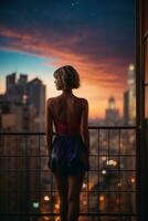 ai généré nocturne rêverie, silhouette de une fille admiratif le nuit paysage urbain génératif par ai photo