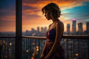 ai généré nocturne rêverie, silhouette de une fille admiratif le nuit paysage urbain génératif par ai photo