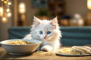 ai généré une mignonne blanc chaton est assis à une table avec une assiette de spaghetti, dans une confortable génératif par ai photo