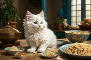 ai généré une mignonne blanc chaton est assis à une table avec une assiette de spaghetti, dans une confortable génératif par ai photo