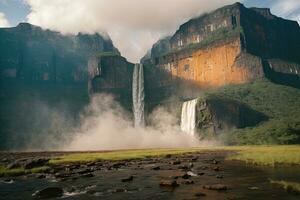 ai généré majestueux cascades en cascade entouré par luxuriant falaises et verdure génératif par ai photo