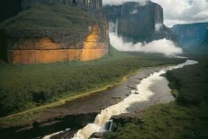 ai généré majestueux cascades en cascade entouré par luxuriant falaises et verdure génératif par ai photo