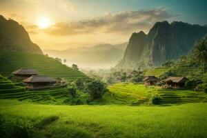 ai généré majestueux lever du soleil plus de en terrasse riz des champs niché parmi luxuriant vert collines généré par ai photo