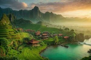 ai généré majestueux lever du soleil plus de en terrasse riz des champs niché parmi luxuriant vert collines généré par ai photo