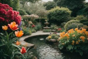 ai généré tranquille jardin scène avec une variété de coloré fleurs dans Floraison génératif par ai photo