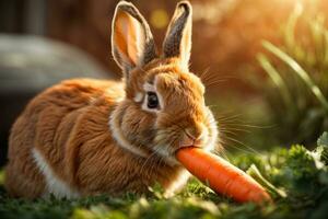 ai généré une mignonne lapin entouré par Frais carottes sur une rustique en bois surface génératif par ai photo