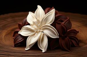 ai généré un non parfumé, blanc vanille fleur sur une en bois surface photo