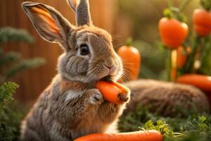 ai généré une mignonne lapin entouré par Frais carottes sur une rustique en bois surface génératif par ai photo