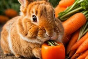 ai généré une mignonne lapin entouré par Frais carottes sur une rustique en bois surface génératif par ai photo