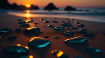 ai généré lisse des pierres dans une ligne sur une plage à le coucher du soleil avec reflets vibrant ciel couleurs génératif par ai photo