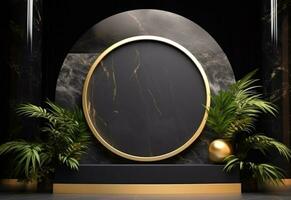 ai généré noir marbre d'or circulaire Cadre avec les plantes photo