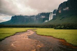 ai généré majestueux cascades en cascade entouré par luxuriant falaises et verdure génératif par ai photo