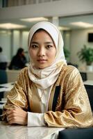 ai généré professionnel Jeune femme dans hijab posant en toute confiance à le Bureau génératif par ai photo