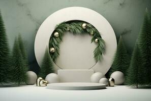 ai généré blanc podium avec Noël des arbres et décorations sur une vert Contexte photo