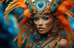 ai généré femme dans coloré costume de carnaval photo