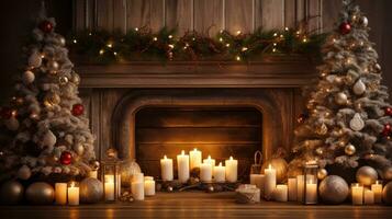 ai généré en bois table avec bougies et Noël arbre dans une hiver cheminée photo