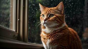 ai généré gingembre chat séance par une fenêtre avec gouttes de pluie, à la recherche avec une réfléchi expression génératif par ai photo