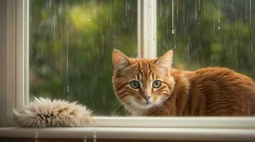 ai généré gingembre chat séance par une fenêtre avec gouttes de pluie, à la recherche avec une réfléchi expression génératif par ai photo