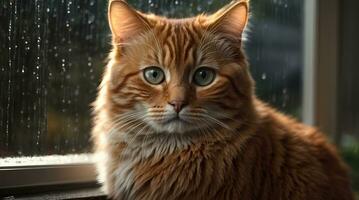 ai généré gingembre chat séance par une fenêtre avec gouttes de pluie, à la recherche avec une réfléchi expression génératif par ai photo