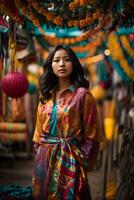 ai généré Jeune femme dans coloré tenue à une traditionnel asiatique marché avec de fête décorations génératif par ai photo