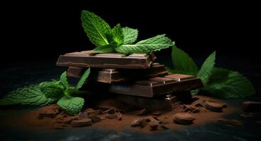 ai généré certains Chocolat pièces et menthe feuilles sur une foncé Contexte photo