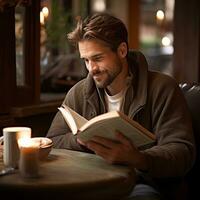 ai généré une homme sirotant café à une confortable café tableau, absorbé dans une livre avec une paisible expression photo