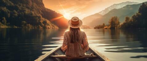 ai généré la personne dans le bateau séance sur de face de une Lac à la recherche en dehors photo