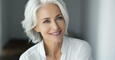 ai généré blanc aux cheveux plus âgée femme souriant à le caméra photo