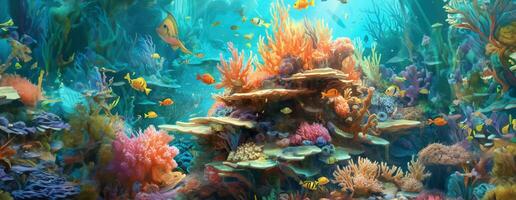 ai généré tropical mer sous-marin des poissons sur corail récif. aquarium océanarium faune coloré Marin panorama paysage la nature tuba plongée. ai génératif. photo