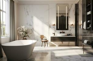 ai généré monochrome salle de bains avec marbre vanités et blanc évier mixer photo