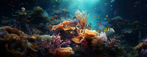 ai généré tropical mer sous-marin des poissons sur corail récif. aquarium océanarium faune coloré Marin panorama paysage la nature tuba plongée. ai génératif. photo