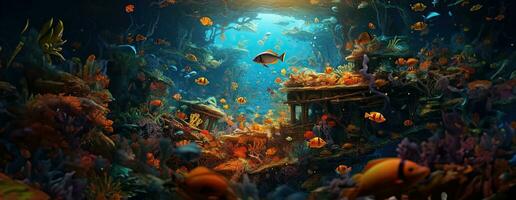 ai généré tropical mer sous-marin des poissons sur corail récif. aquarium océanarium faune coloré Marin panorama paysage la nature tuba plongée. ai génératif. photo