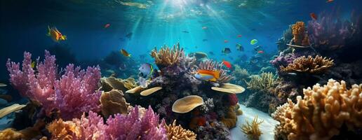 ai généré tropical mer sous-marin des poissons sur corail récif. aquarium océanarium faune coloré Marin panorama paysage la nature tuba plongée. ai génératif. photo