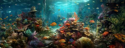 ai généré tropical mer sous-marin des poissons sur corail récif. aquarium océanarium faune coloré Marin panorama paysage la nature tuba plongée. ai génératif. photo