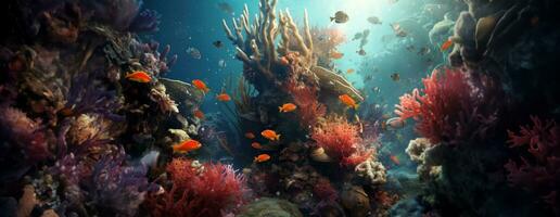 ai généré tropical mer sous-marin des poissons sur corail récif. aquarium océanarium faune coloré Marin panorama paysage la nature tuba plongée. ai génératif. photo