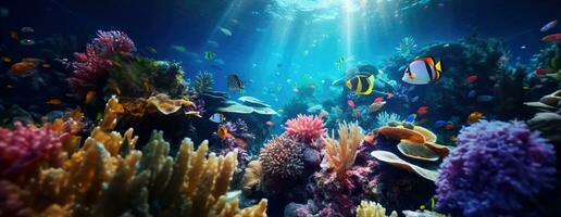 ai généré tropical mer sous-marin des poissons sur corail récif. aquarium océanarium faune coloré Marin panorama paysage la nature tuba plongée. ai génératif. photo