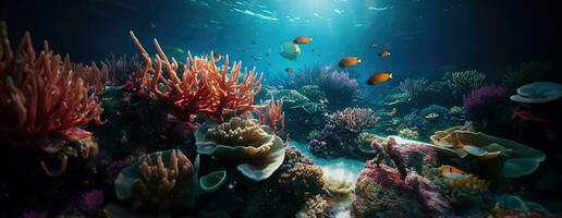 ai généré tropical mer sous-marin des poissons sur corail récif. aquarium océanarium faune coloré Marin panorama paysage la nature tuba plongée. ai génératif. photo