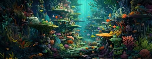 ai généré tropical mer sous-marin des poissons sur corail récif. aquarium océanarium faune coloré Marin panorama paysage la nature tuba plongée. ai génératif. photo