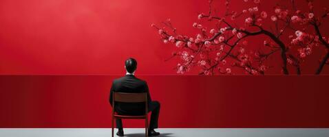 ai généré une homme sur une rouge chaise en portant rouge fleurs photo