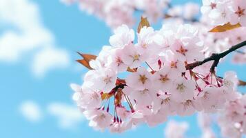 ai généré une fermer de une magnifique épanouissement Cerise arbre, avec délicat rose pétales contre une bleu ciel photo