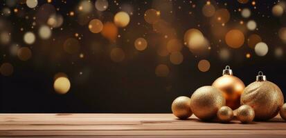 ai généré une Noël arbre et or des balles sur une en bois table photo