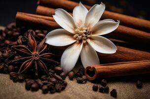 ai généré une blanc fleur avec cannelle des bâtons et vanille gousses, photo